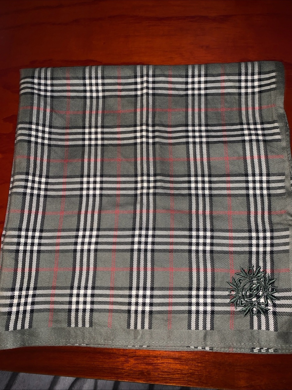 Plaid Gray & White Handkerchief with Red Accents